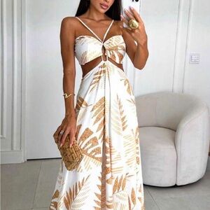 SHEIN VCAY Tropical leaf print cut out maxi dress tan and white small